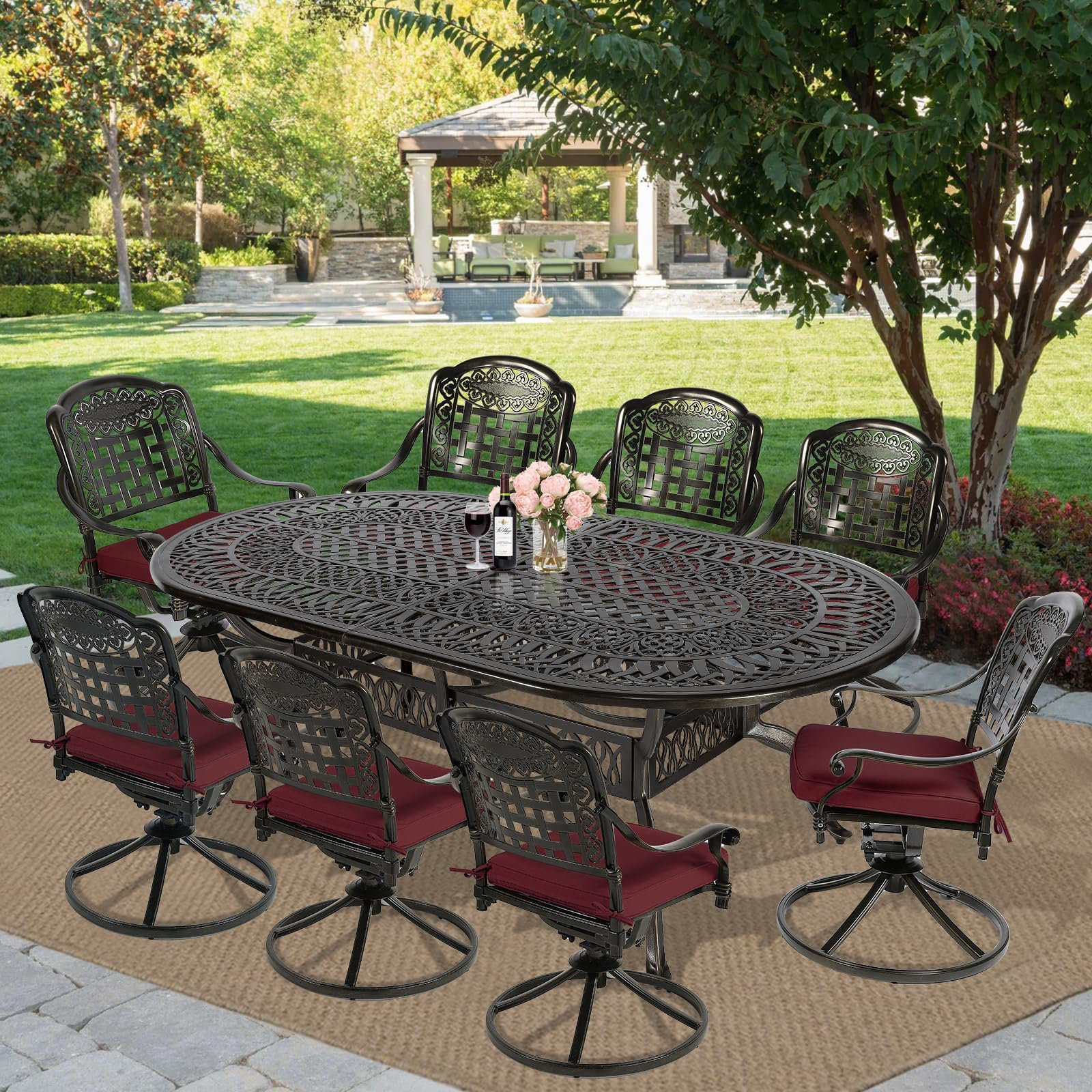 VIVIJASON 8 Person Oval Outdoor Dining Set with Cushions Reviews Wayfair